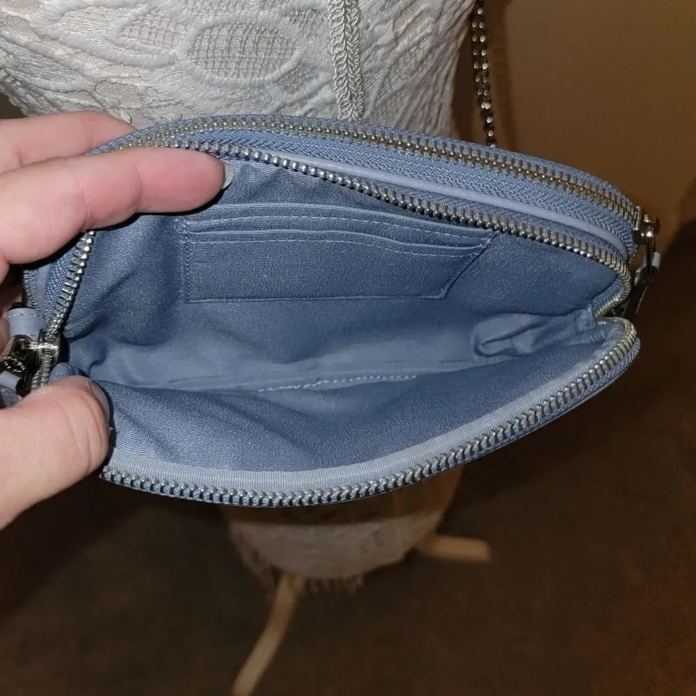 Coach Leather Double Zip Crossbody Purse Handbag w Chain Strap - Pool Blue